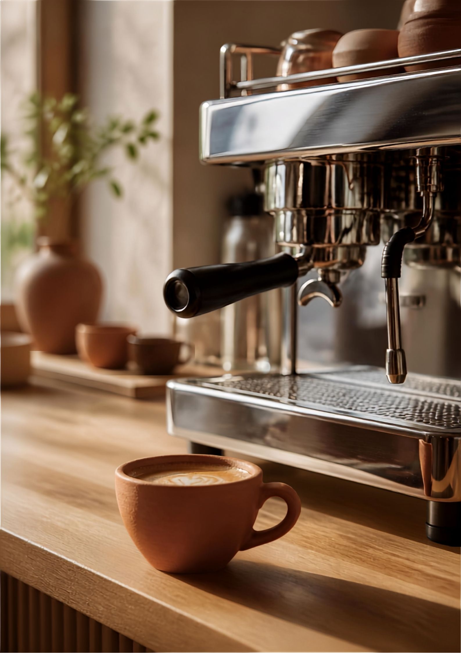 Siebträgermaschine mit Tasse auf dem Tresen